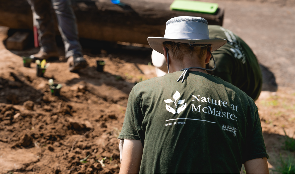 A student volunteer helps dig a plot for a bee garden on campus. The back of their shirt reads "Nature at McMaster."