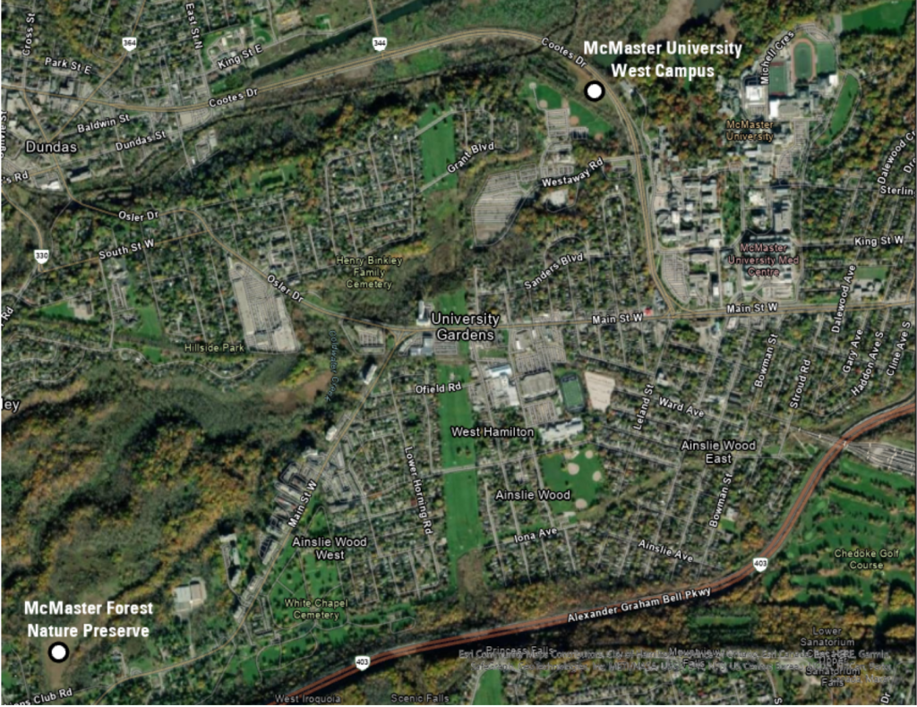 Map showing Hamilton from above, with circles indicating the sites of controlled burns