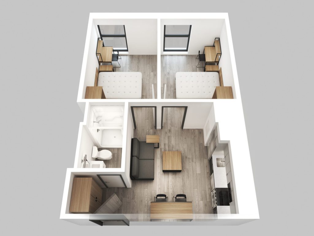 computer rendering of an aerial view of a furnished 2-bedroom apartment.