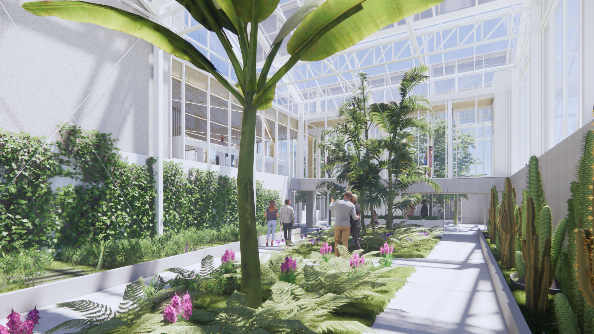 An artist's rendering of the interior of a greenhouse