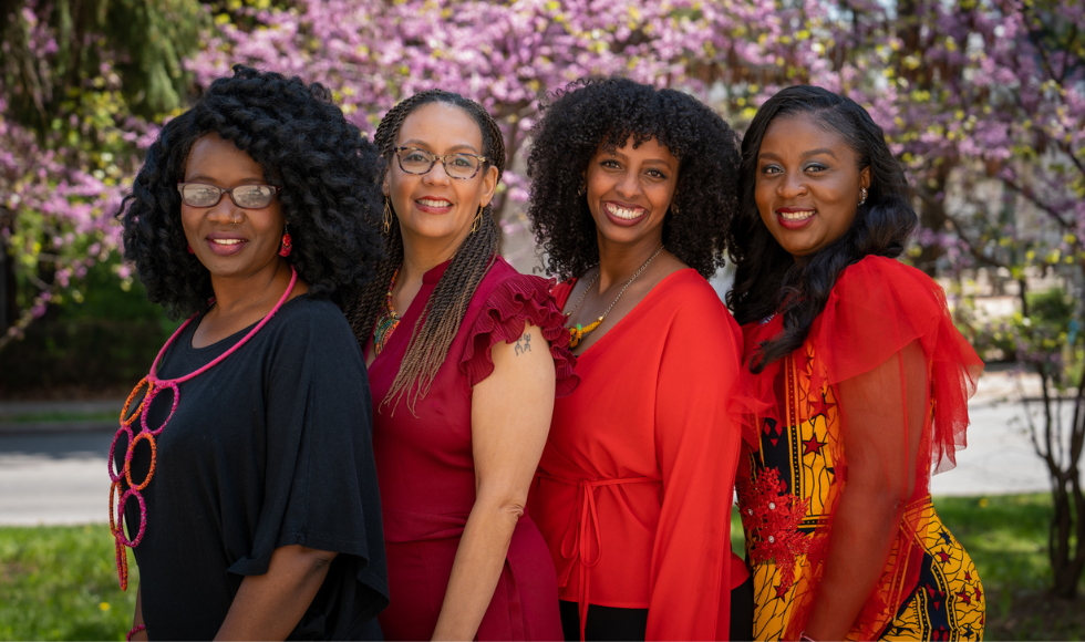 Prof Selina Mudavanhu, Clare Warner, Prof Alpha Abebe and Faith Ogunkoya all smiling together.