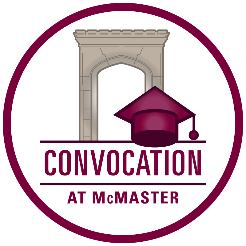 A round graphic illustration of McMaster's Edwards Arch and a mortarboard. The graphic reads, 'Convocation at McMaster.'