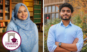 Waist-up posed headshots of Salwa and Taaha with a circular logo that said Convoation at McMaster