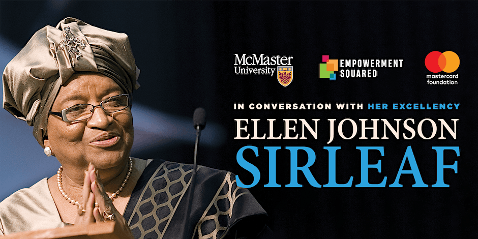A graphic advertising an event titled, 'In Conversation with Her Excellency Ellen Johnson Sirleaf'