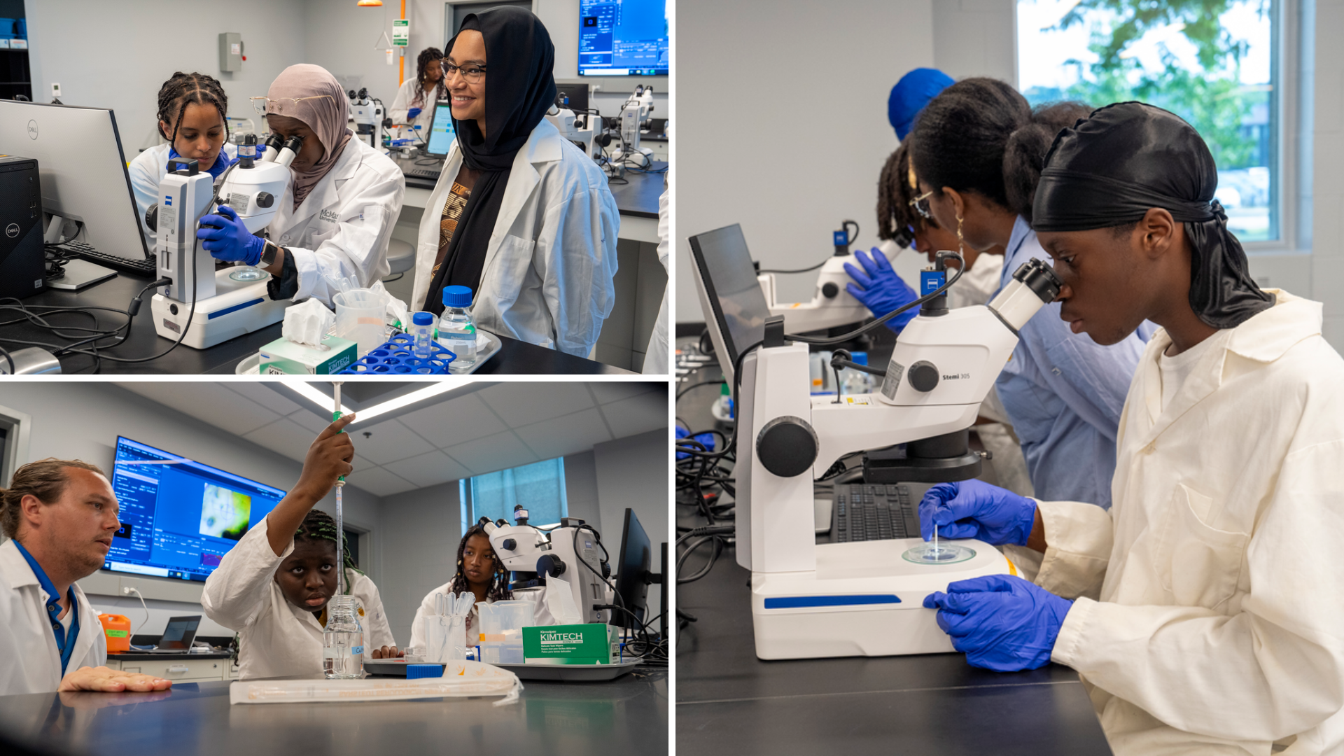 Three photos in a grid showing students wearing white lab coats conducting an experiment and looking into microscopes 