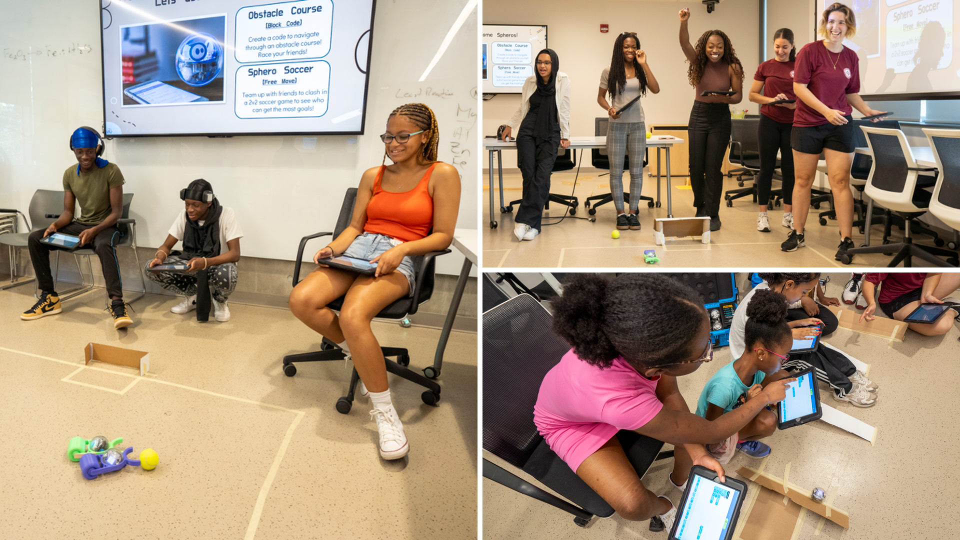 Three photos in a grid showing students working on iPads and smiling 