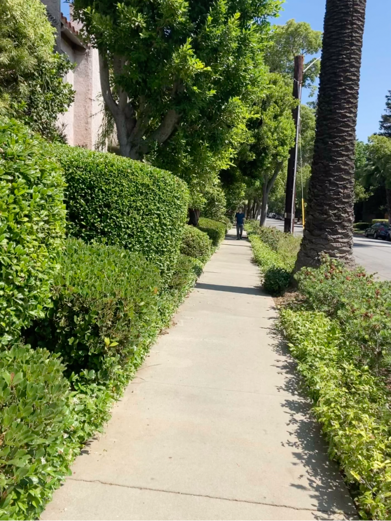 A sidewalk going straight ahead for a long distance, with a small figure way off in the distance