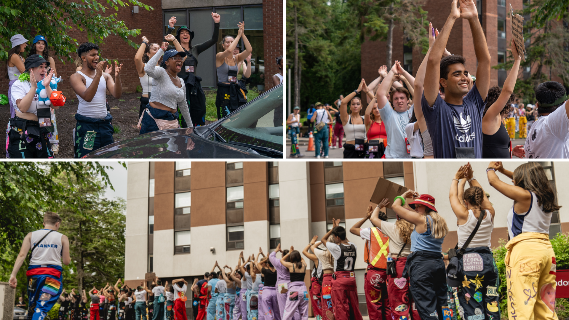 Three photos showing students in colourful clothing greeting students on McMaster's campus