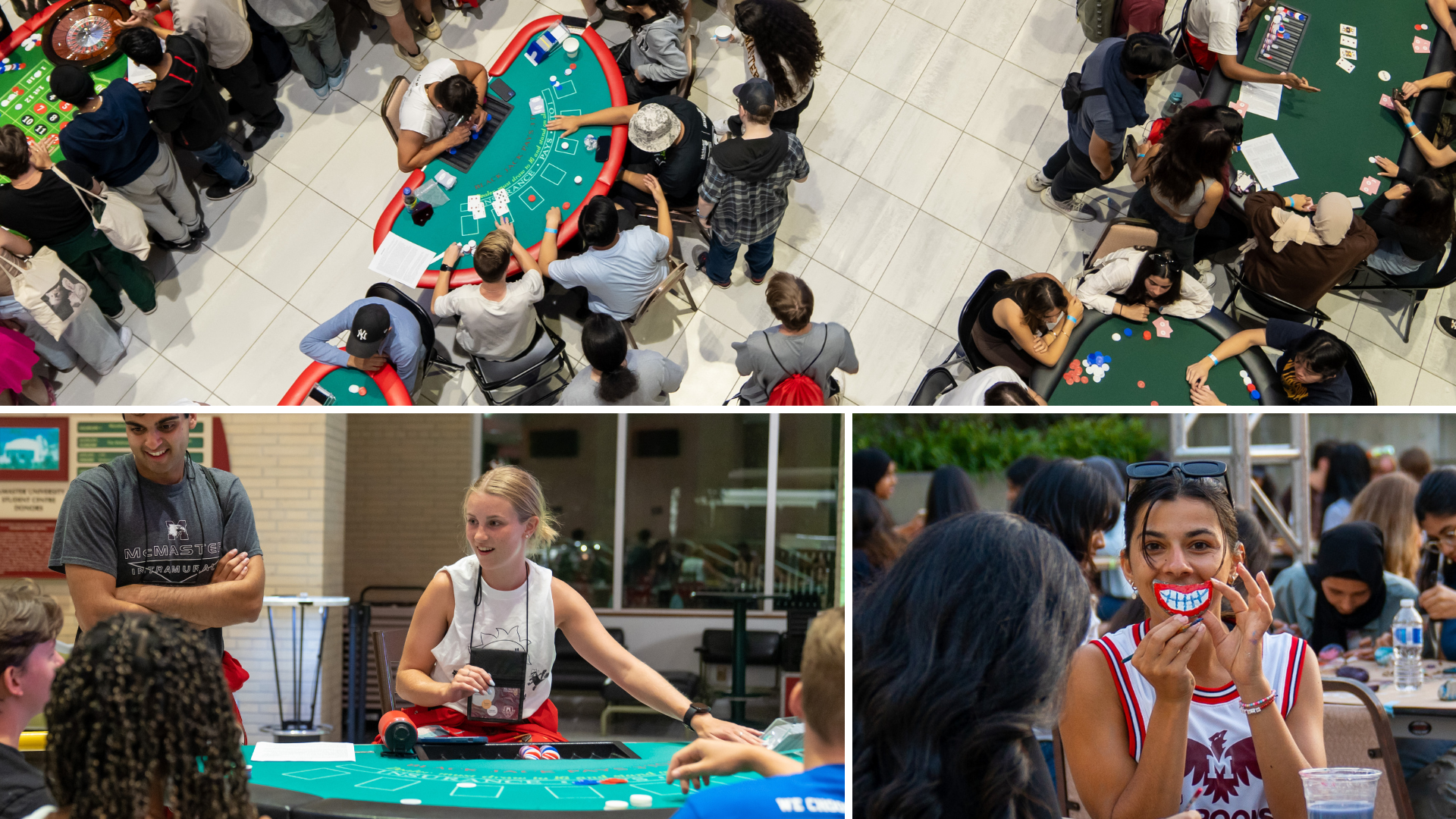A grid of three photos showing McMaster students at casino tables