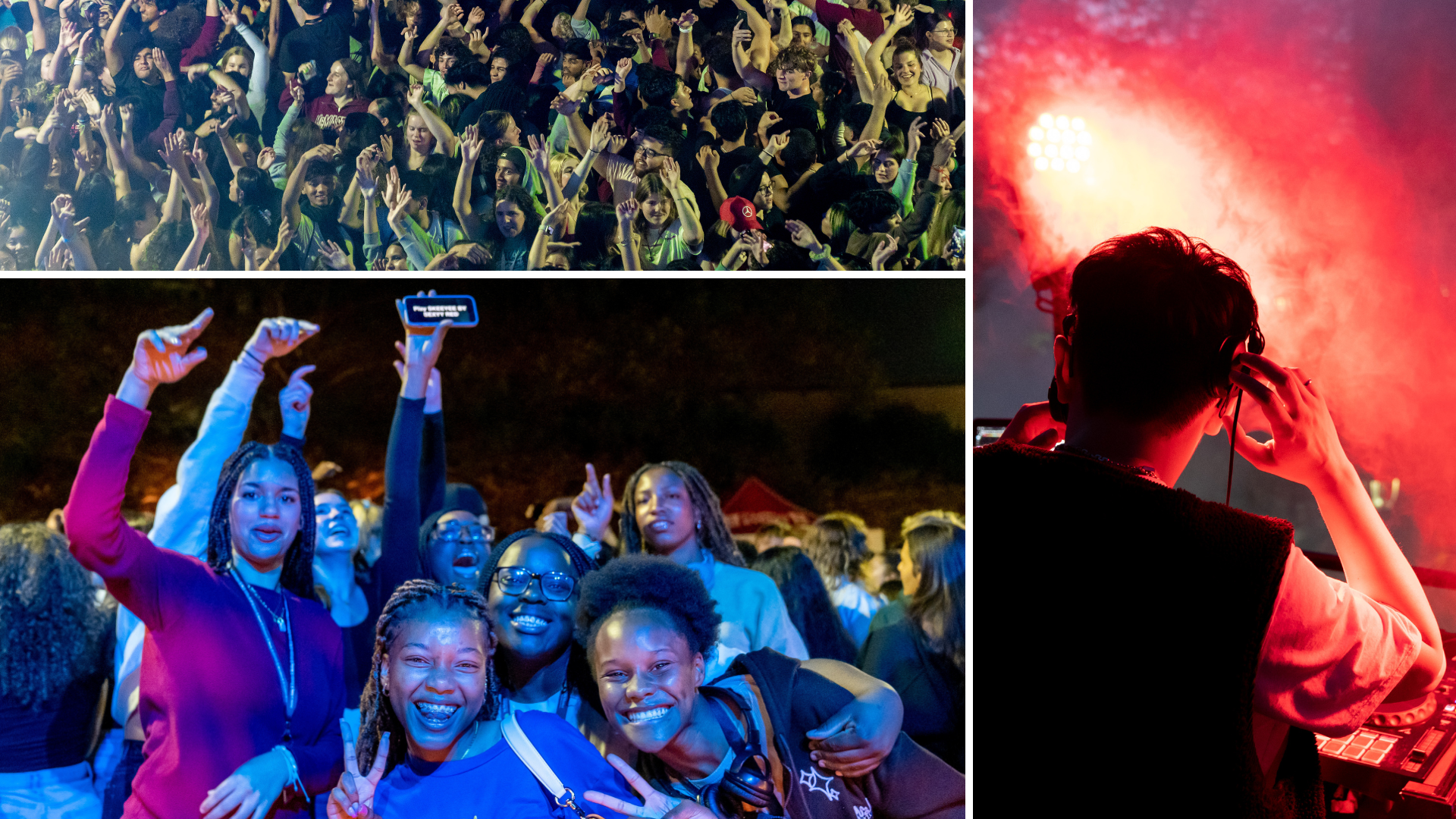  A grid of three photos showing McMaster students dancing while a DJ plays music 