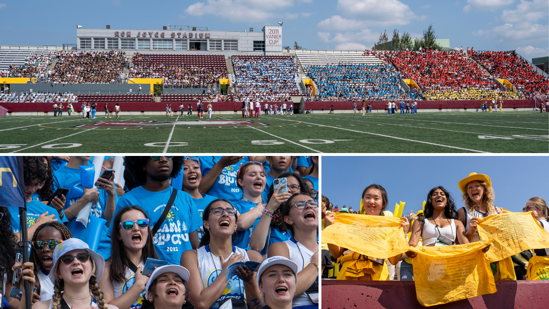 A grid of three photos showing McMaster students cheering in a stadium 