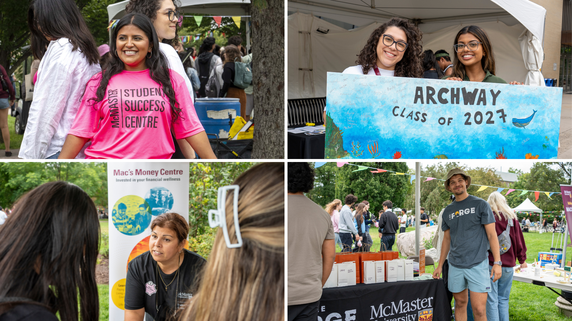 A grid of four photos showing McMaster staff interacting with students 