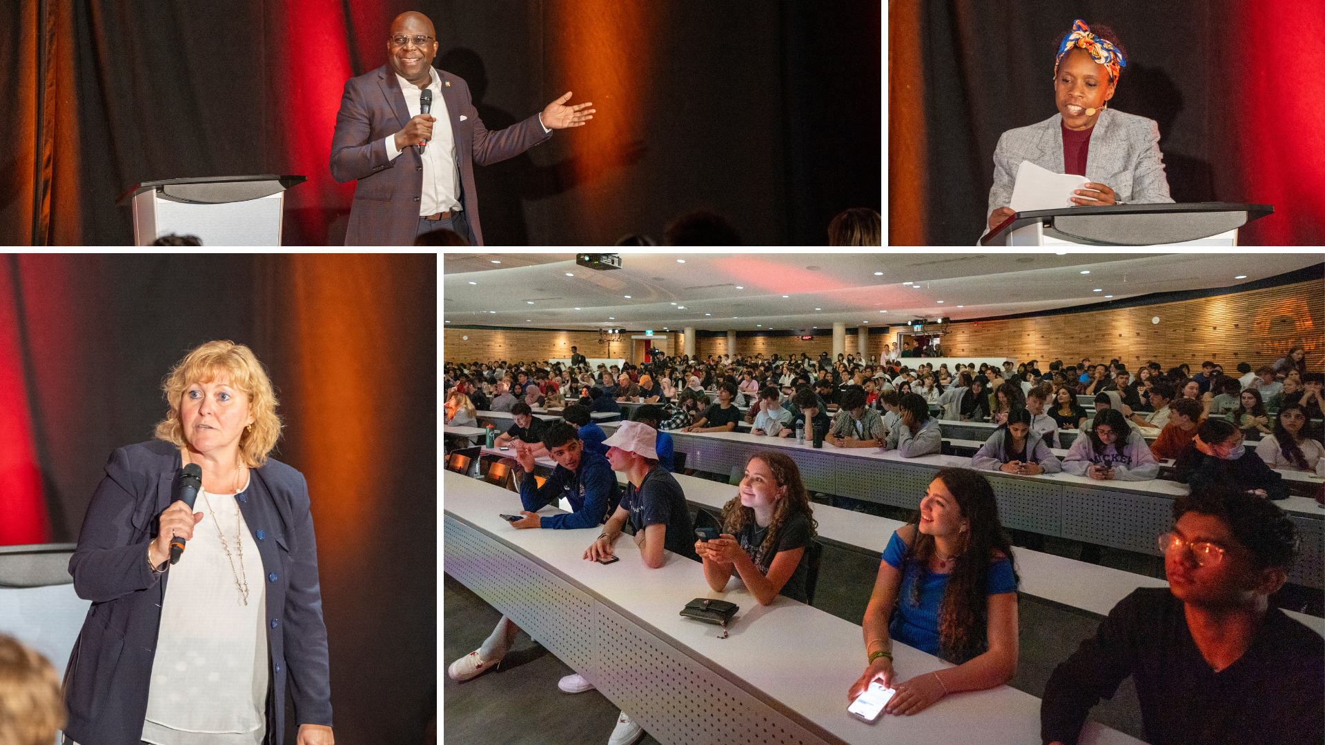 A grid of four photos showing three speakers and a crowd of listening students 