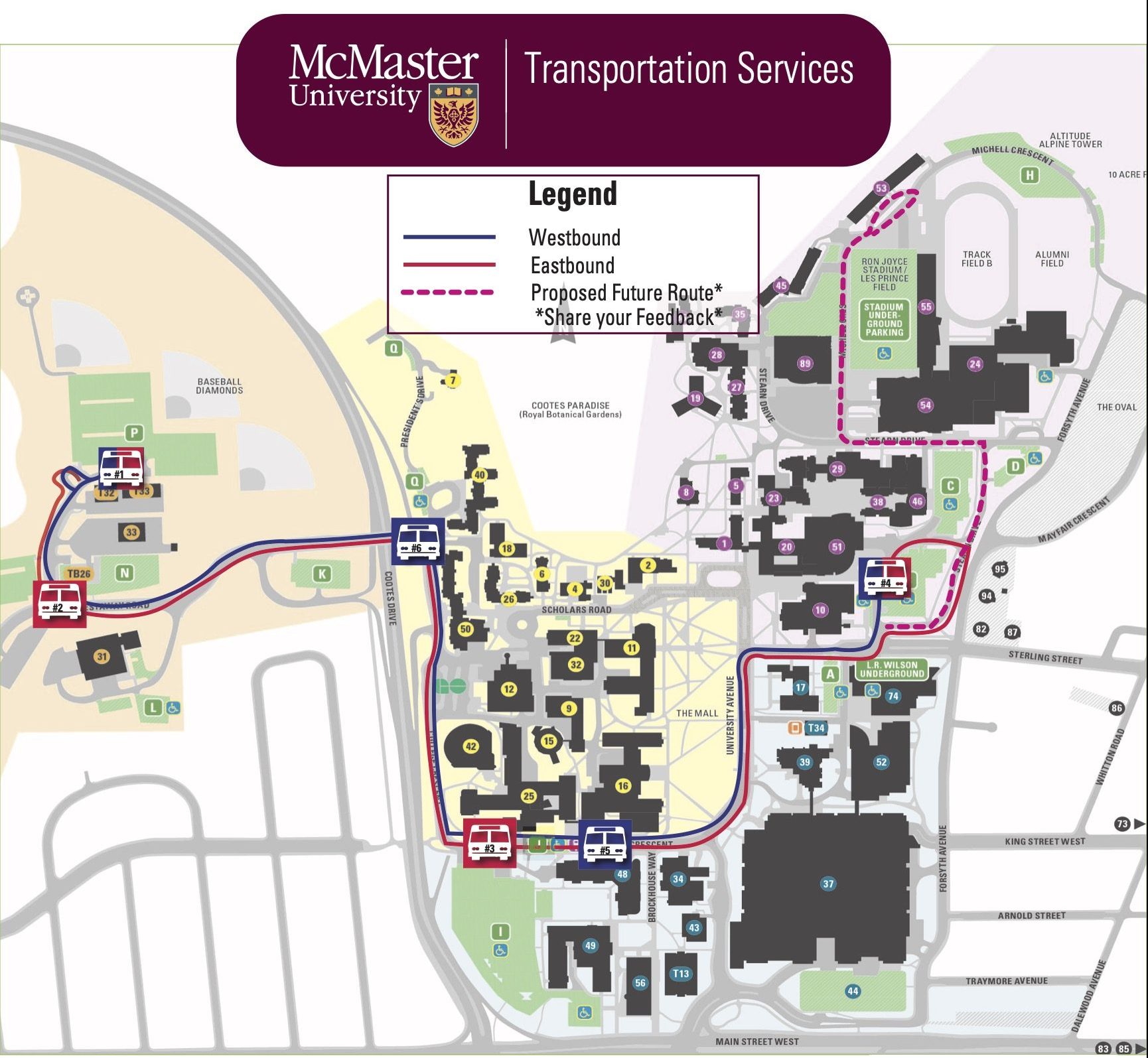 A graphic showing a bus route map of campus