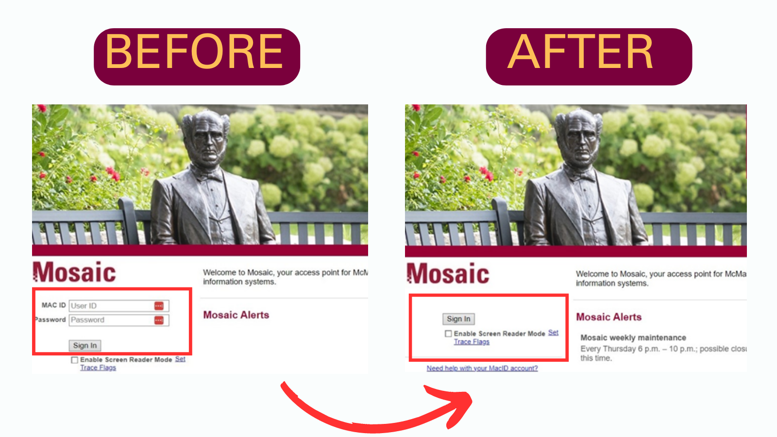 Two graphics side-by-side. Both show the Mosaic login page, with different login options. 