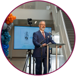 A photo of John Valliant, McMaster chemistry professor and CEO of Fusion, speaking at the opening ceremony for the company’s new radiopharmaceutical manufacturing facility at McMaster Innovation Park.