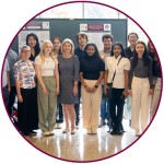 A group photo of McMaster Engineering and Science students placed inside a maroon circle.