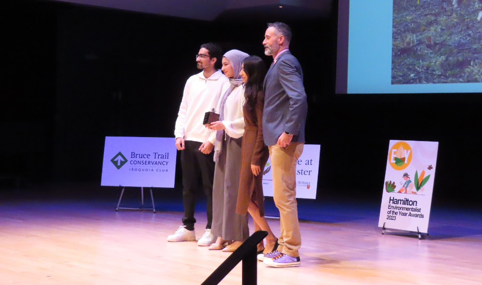 (From left to right): McMaster graduates Abdullah Mumtaz, Sama Hameed and Herleen Sambhi with Hamilton City Councillor Craig Cassar, who presented the trio with the Youth Eco Project Award. (Photo courtesy Hamilton Environmentalists of the Year Awards). 