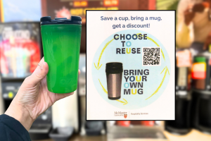 A hand holding up a green plastic mug beside a sign advertising a 'bring your own mug' campaign 