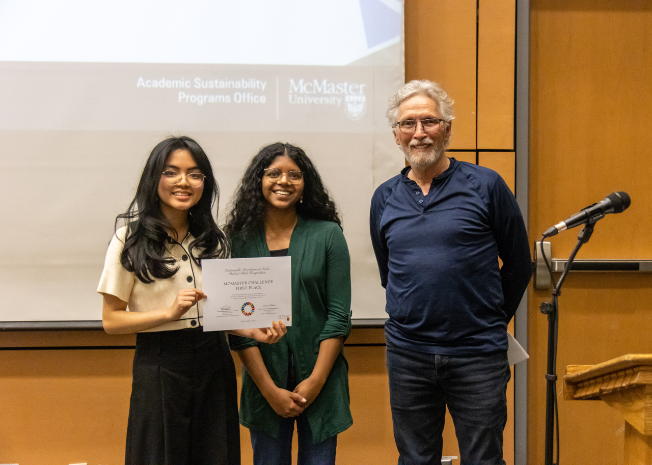 Challenge winners Kaneera Uthaykumaran, second-year iBioMed student, and Yva Rasco, second-year Chemical Biology student, with challenge judge, Mark Chamberlain.