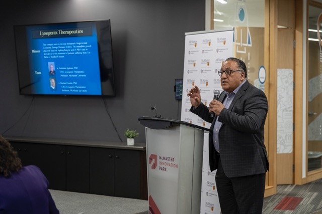 Suleiman Igdoura, professor of biology, pitches his start-up Lysogenic Therapeutics Inc., which is advancing therapeutic drug development to combat Lysosomal Storage Diseases (LSDs).