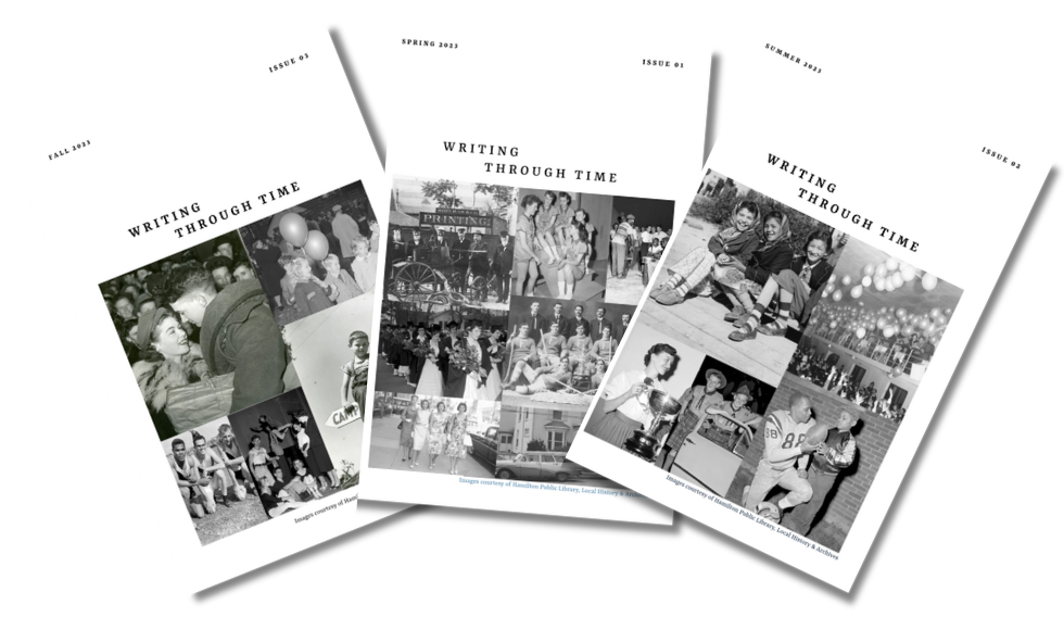 Three black-and-white thumbnail photo collages, the covers of photo books called Writing Through Time