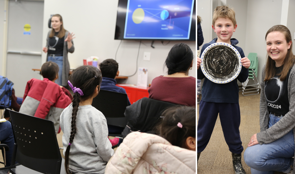 Two photos side by side. One show eclipse ambassador Nicole Mulyk delivering a talk and the other shows Mulyk posing for a photo with a young boy holding a decorated paper plate. 