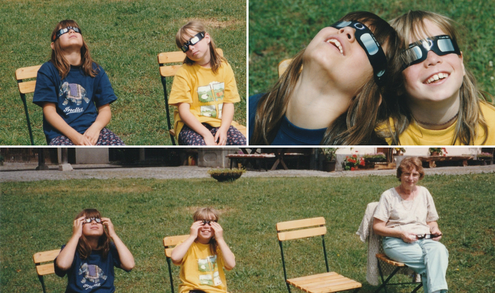 A grid of three separate photos showing two children and a woman wearing solar eclipse glasses