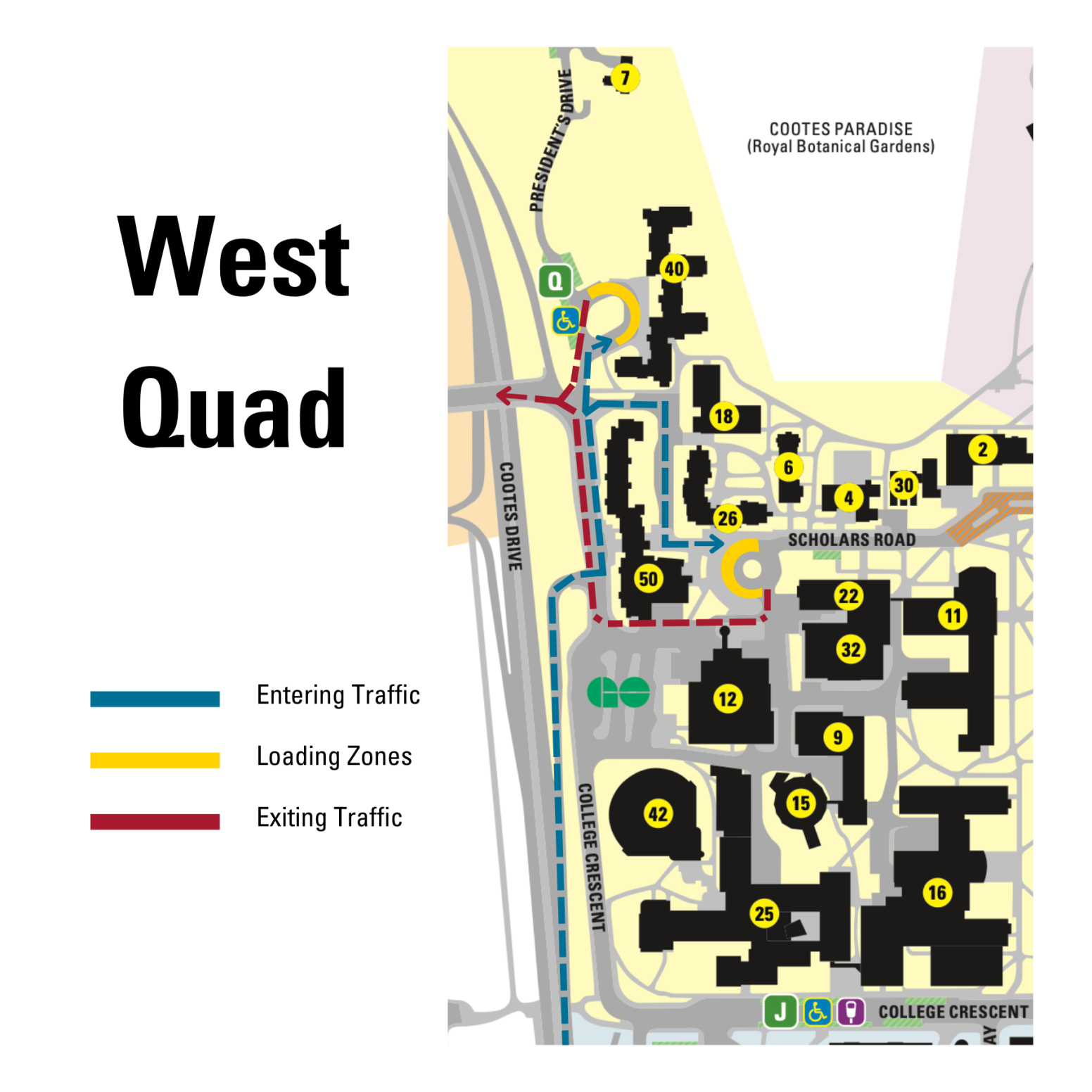 Image of a blueprint of the West quad of campus, and the parking and driving routes for it. 