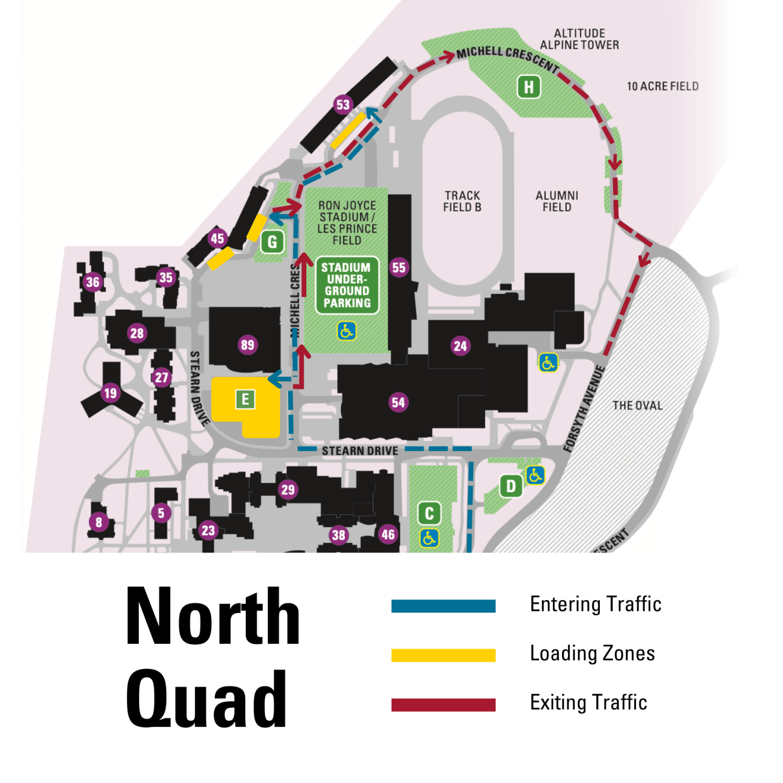 Image of a blueprint of the north quad of campus, and the parking and driving routes for it. 