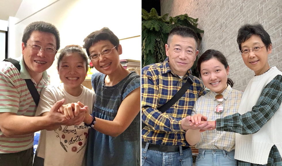 Two photos side-by-side that each show a daughter and her parents smiling at the camera 