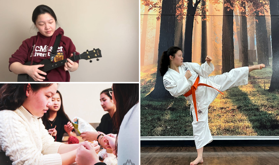 A grid of three photos of the same person. In one they are playing a ukulele, crafting and in a karate uniform. 