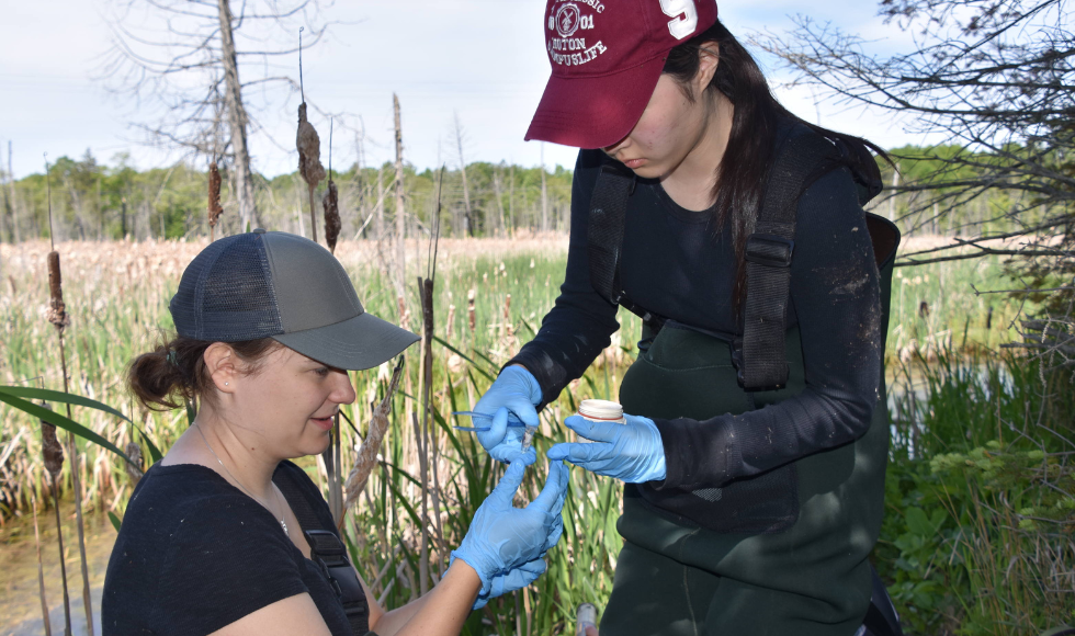 Two people wearing baseball hats and medical gloves collecting water samples outdoors 