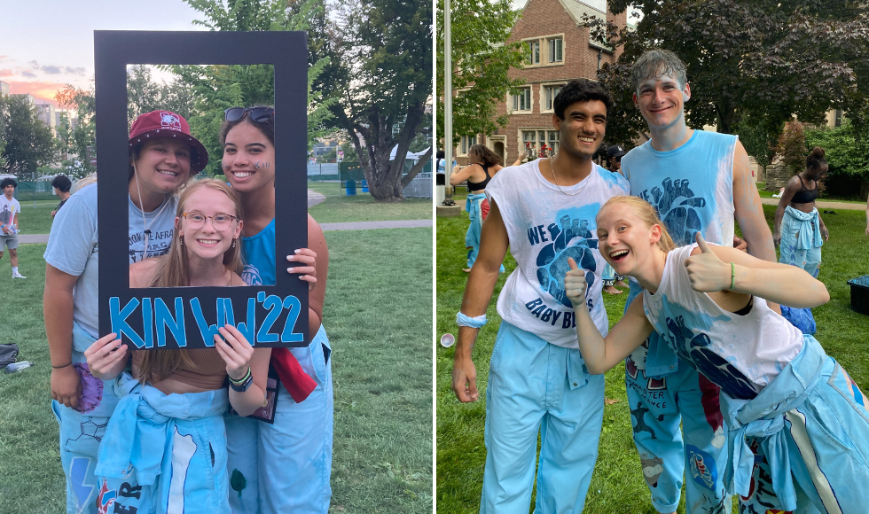 Two photos side by side. Each show McMaster students in blue clothing during Welcome Week 