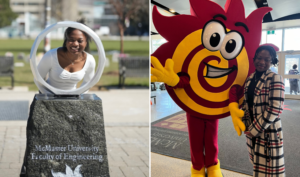 Two photos side-by-side. One shows Olukemi Odujinrin posing for a photo with the iron ring sculpture on McMaster's campus. The other show her posing for a photo with a fireball flame mascot. 