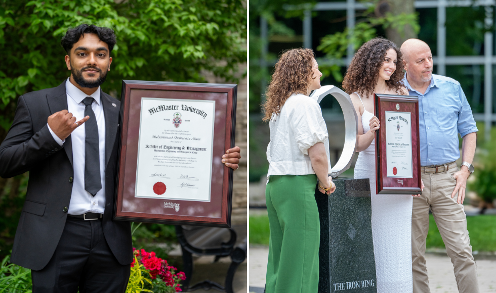 Two photos side-by-side. On the left is a person holding a framed degree. On the right is three people, one of whom is holding a framed degree. 