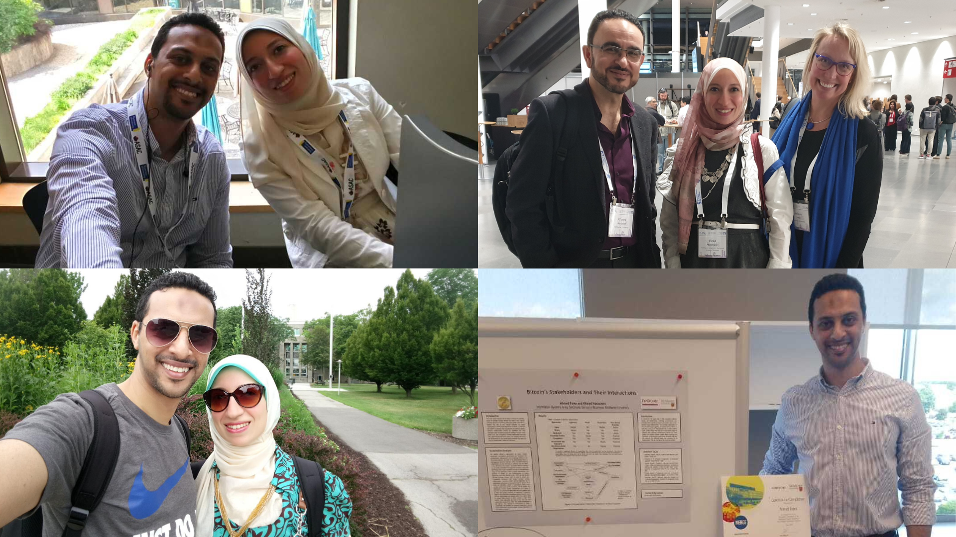 FOur photos in a grid. Two are selfies of Abdelhalim and Mohamadean. One is of Abdelhalim with Dean Khaled Hassanein and Professor Milena Head and the other is Mohamadean smiling while standing in front of a research poster.