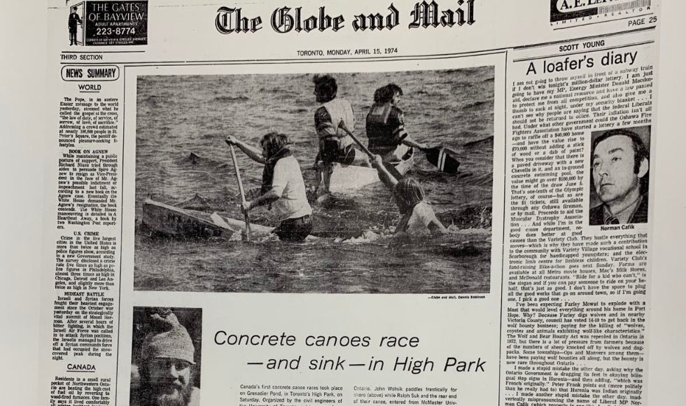 The Globe and Mail front page on a day in 1974 featuring the concrete canoe race prominently.