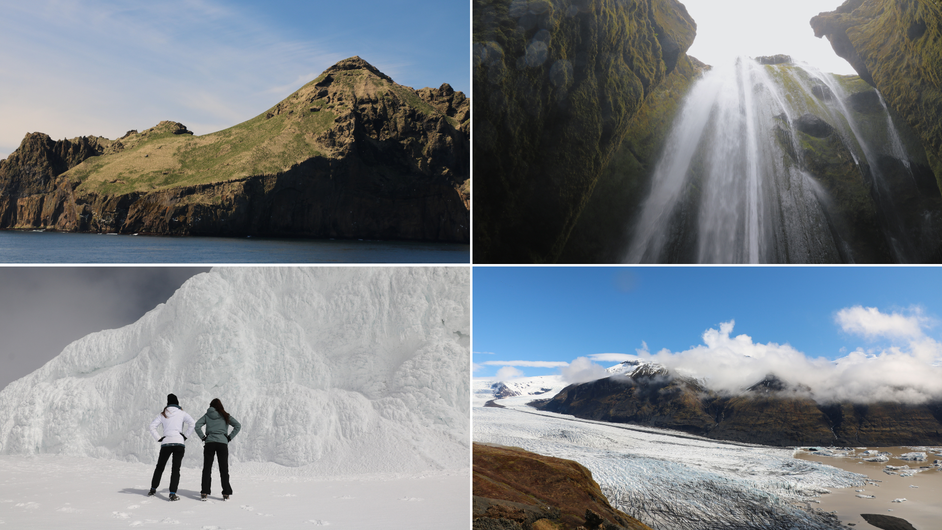 Four photos in a grid, each showing different landscape scenes of Iceland. 