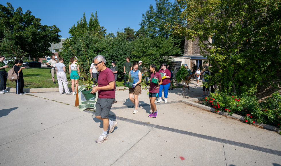 People carrying potted plants