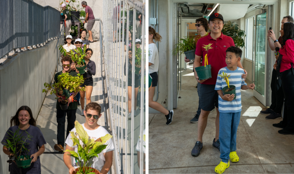 Two photos side-by-side showing people smiling while holding potted plants.