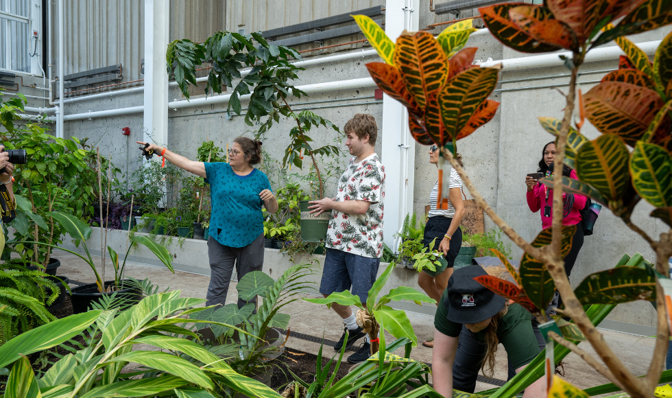 A person pointing and directing a person moving a potted plant