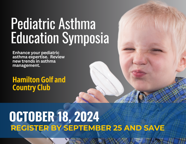 A graphic with a photo of a young child holding an AeroChamber. There is text on the graphic advertising an event titled, ‘Paediatric Asthma Education Symposia.’  