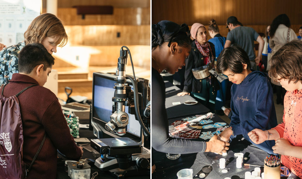 Two photos side by side. On the left, a woman helps a child use a microscope. On the right, a woman helps two children who are looking at stickers and craft supplies on the table in front of them. 