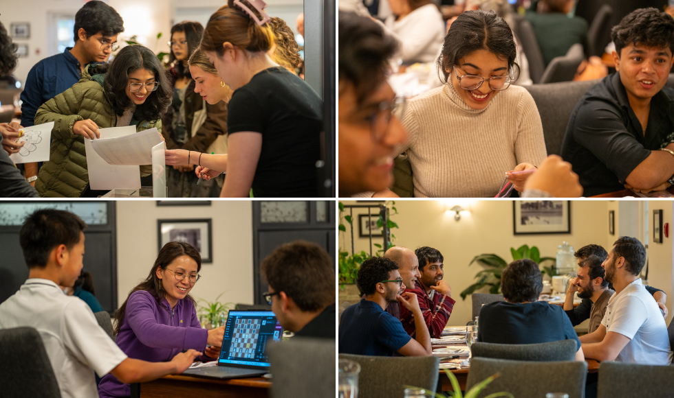 Four photos in a grid. Each shows students interacting and in conversation while seated or standing around dining tables.