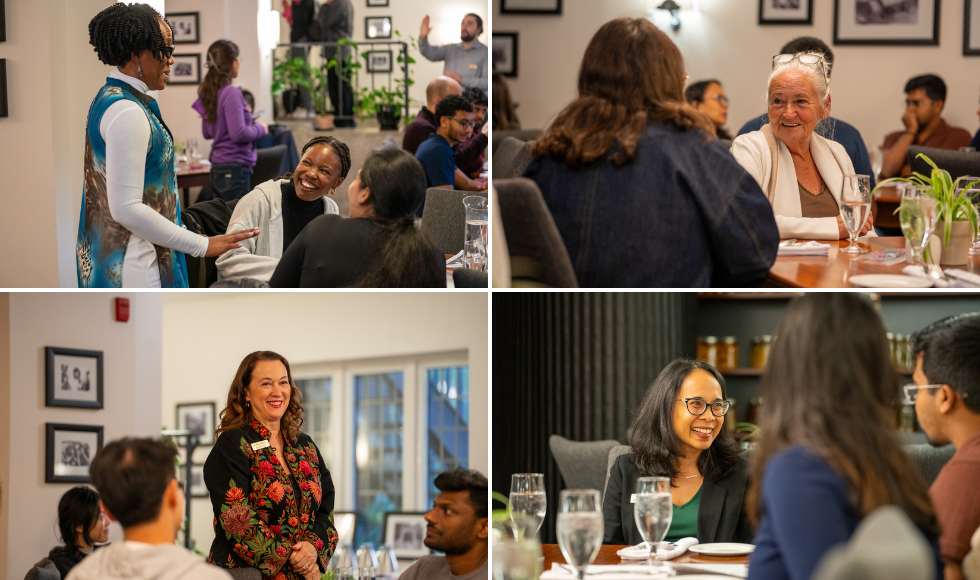 Four photos in a grid. Each shows people interacting while seated or standing around dining tables.