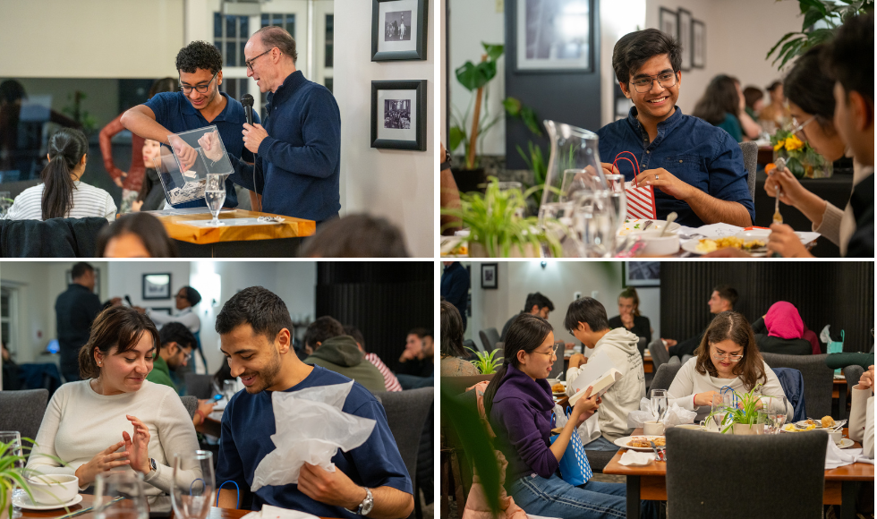 Four photos in a grid. Each shows students interacting and opening presents.