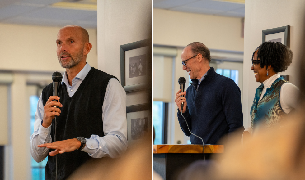 Two photos side-by-side. On the left is Sean Van Koughnett speaking into a microphone. On the right is Andy Crowell speaking into a microphone while Marlice Simon stands beside him.