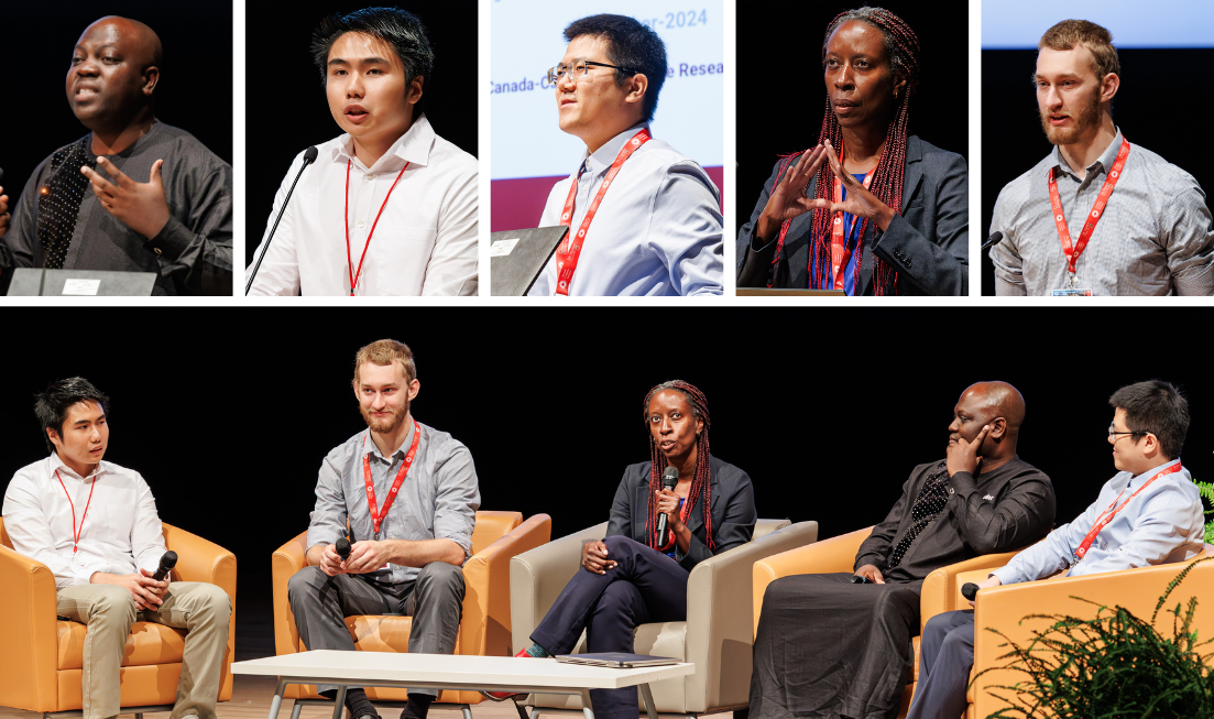 five headshots of individual speakers in a grid above a larger picture of them all sitting in a row, participating in a panel discussion on stage.