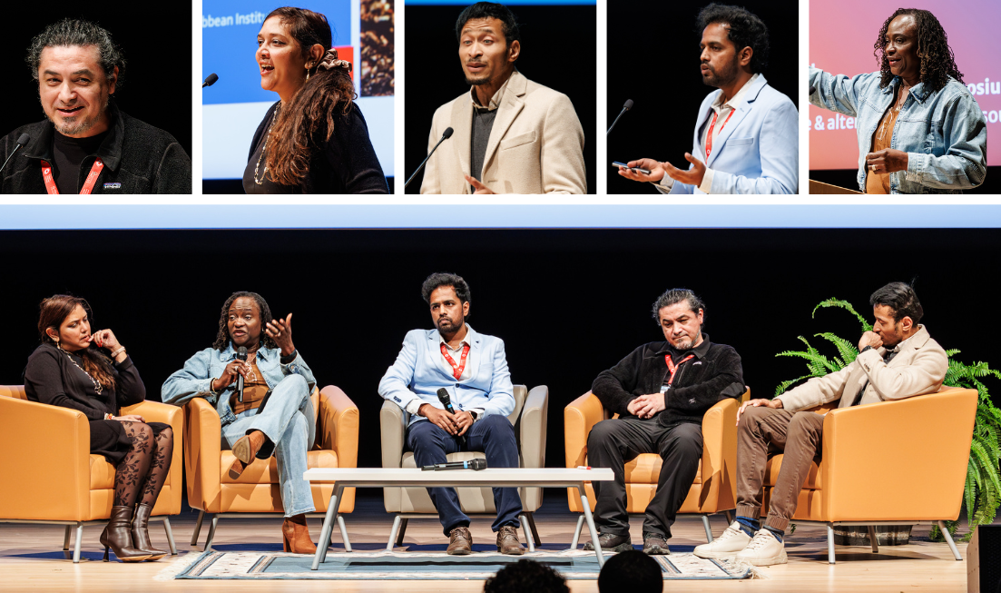 five headshots of individual speakers in a grid above a larger picture of them all sitting in a row, participating in a panel discussion on stage.